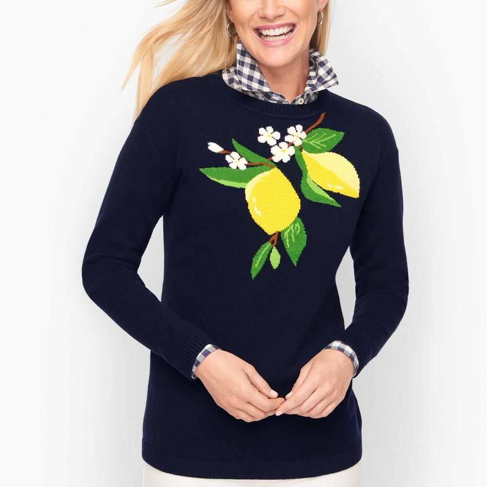 TALBOTS | Navy Fresh Lemon Intarsia Cotton Blend Preppy Pullover Sweater | M - Picture 1 of 9